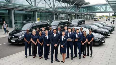 Line of minicabs and drivers waiting outside a terminal