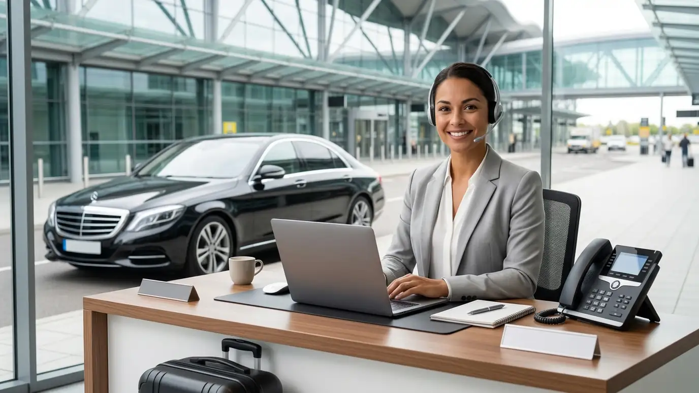 Booking office assistant taking a minicab booking by phone