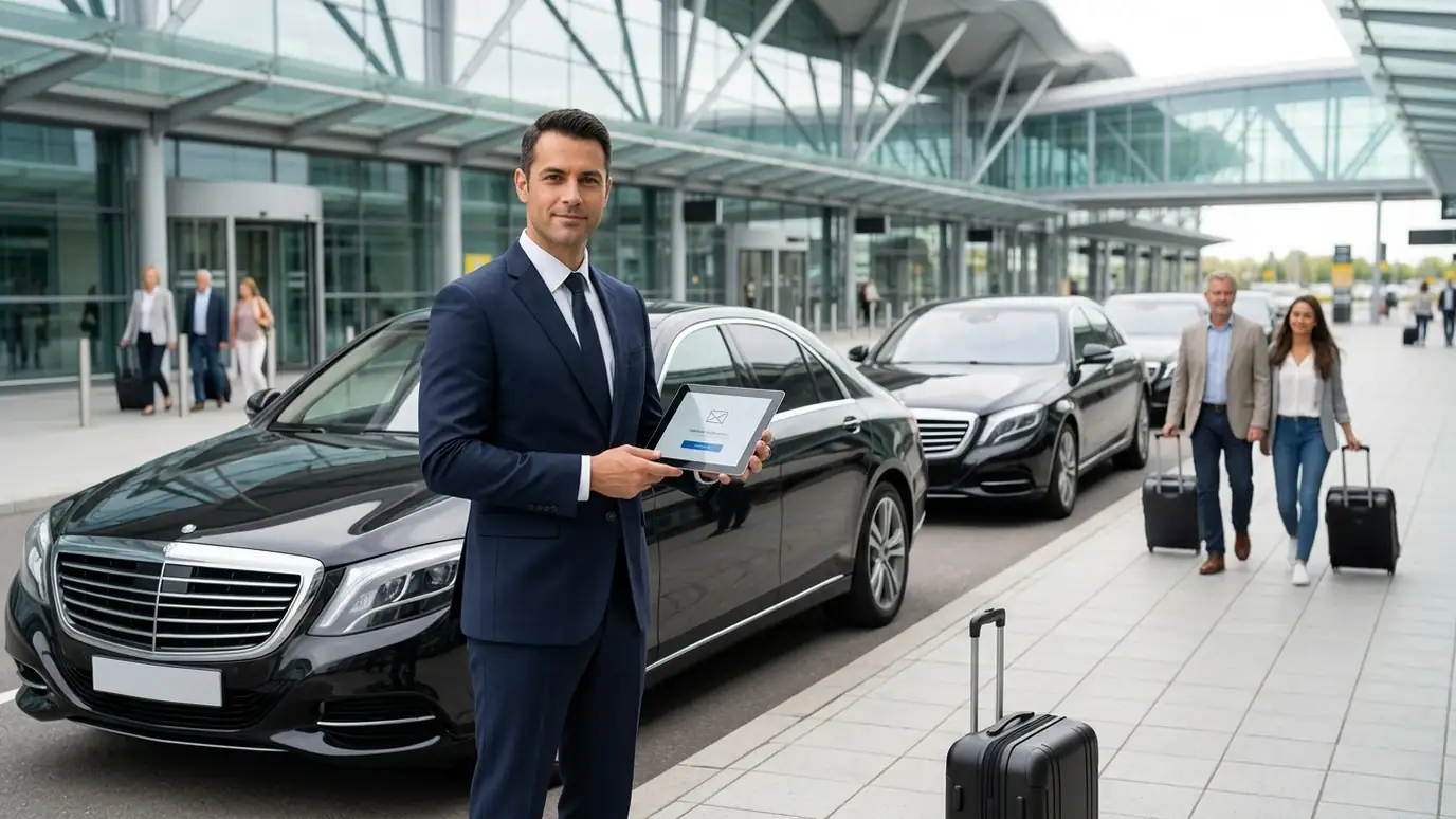 Minicab driver holding a tablet beside a car