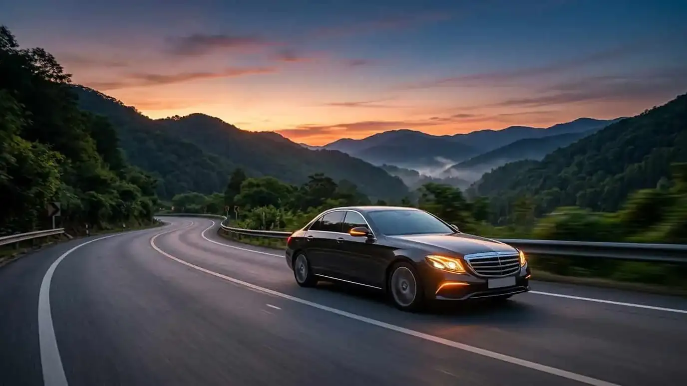 Black executive saloon car driving on an open road at dusk