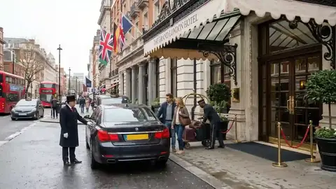Minicab collecting guests outside a London hotel entrance