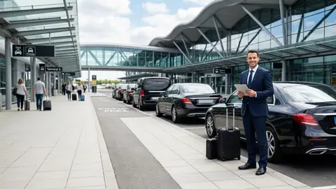 Driver waiting beside a minicab at a terminal kerb