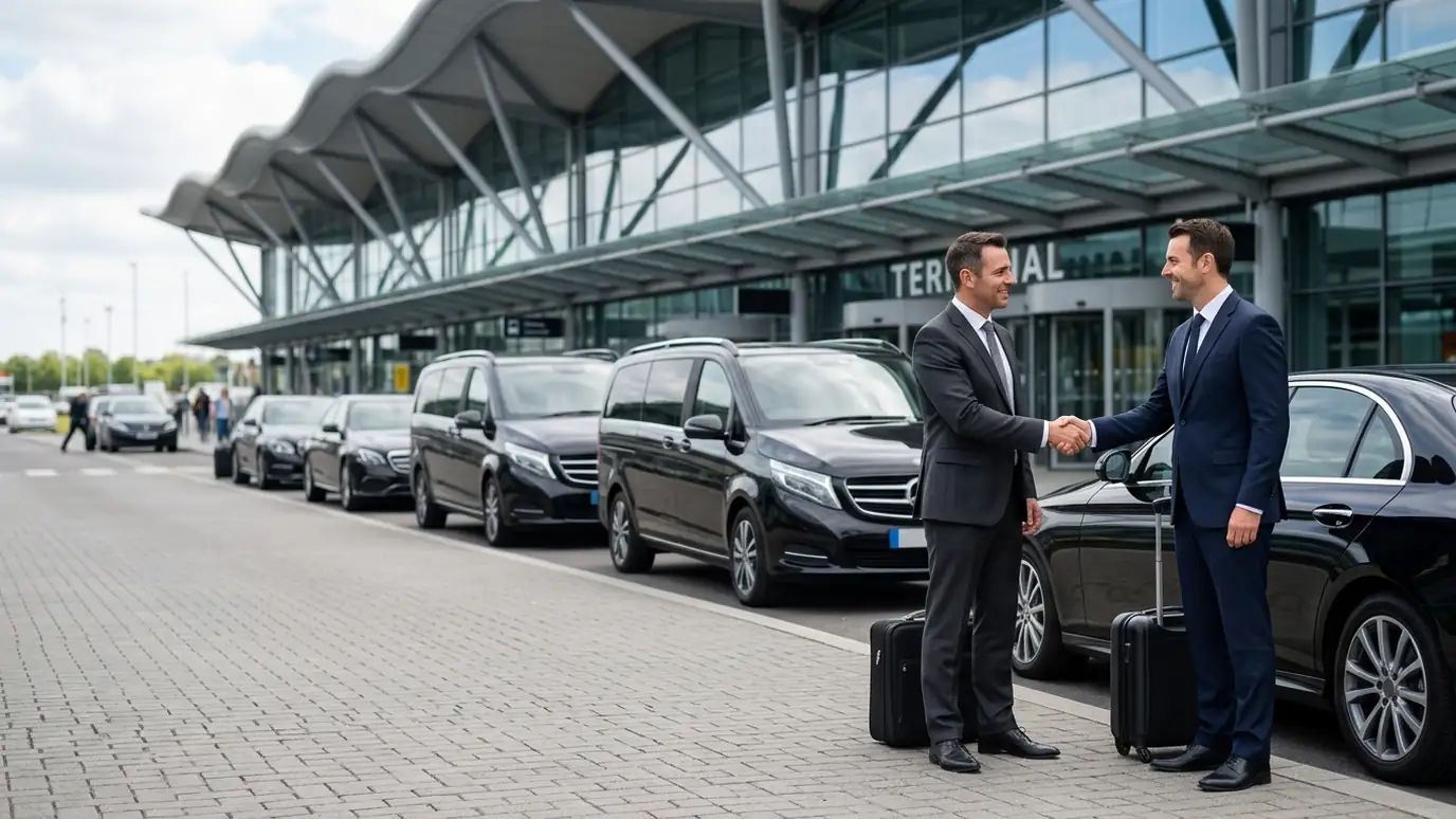 Two drivers shaking hands next to their minicabs
