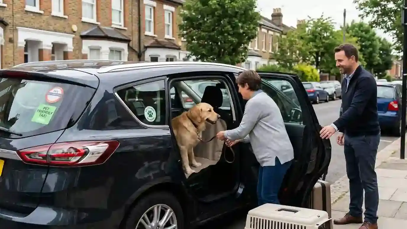 Dog climbing into a pet friendly minicab with its owner